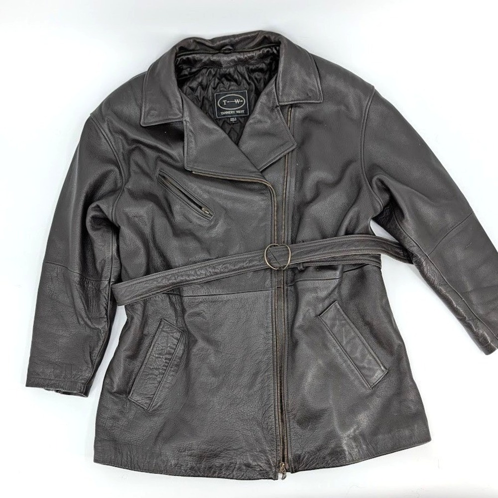Tannery West Mens Brown Leather Belted Moto Jacket Asymmetrical Zip Quilted L‎